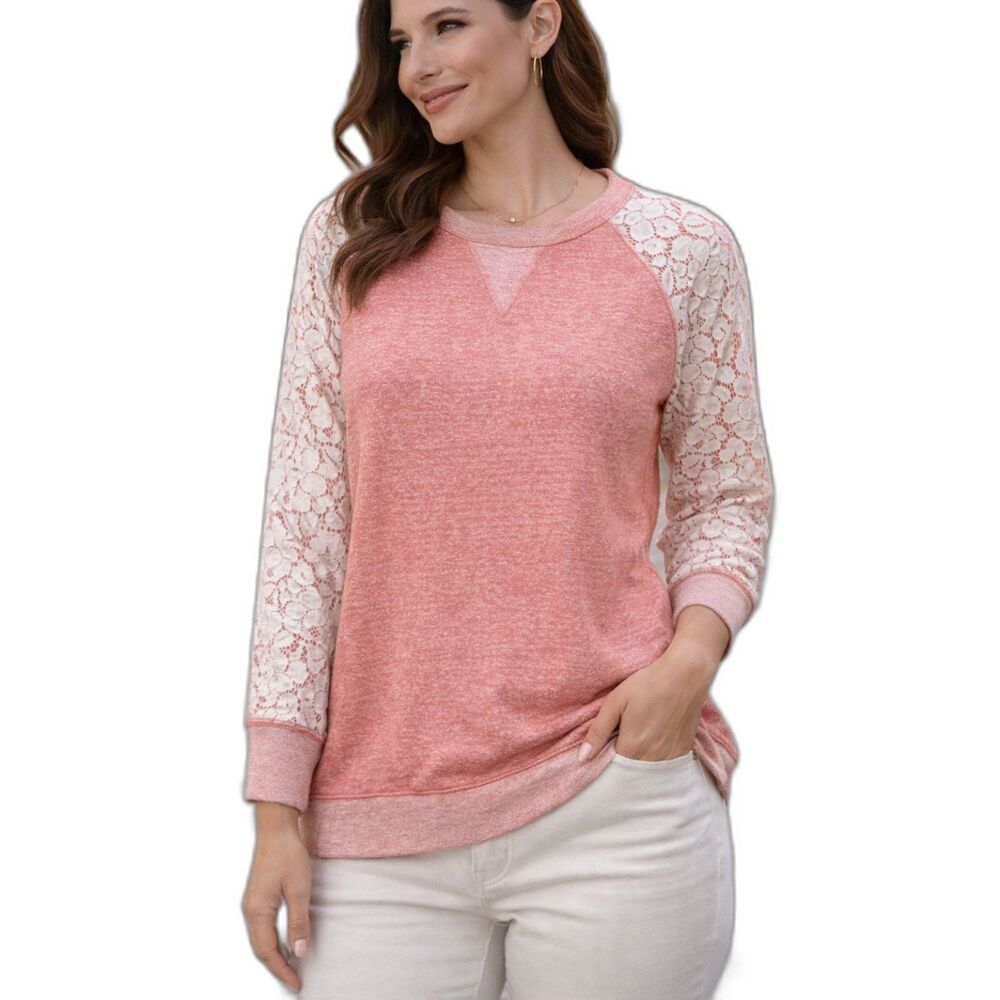 Philosophy Island Pink Coral Lace Sleeve Sweater Size M Heather Knit Top